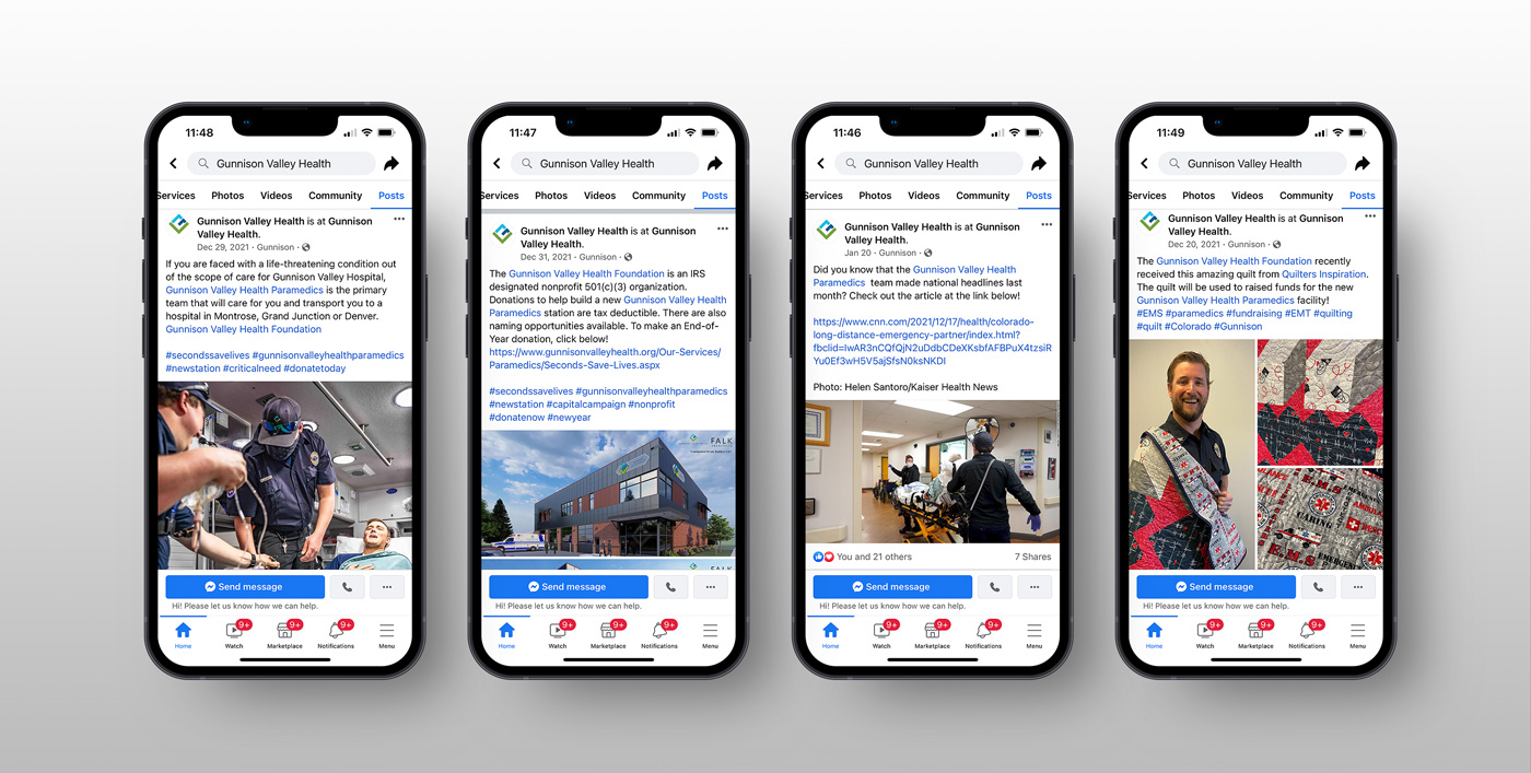 Four iPhone mockups featuring social media posts for Gunnison Valley Health