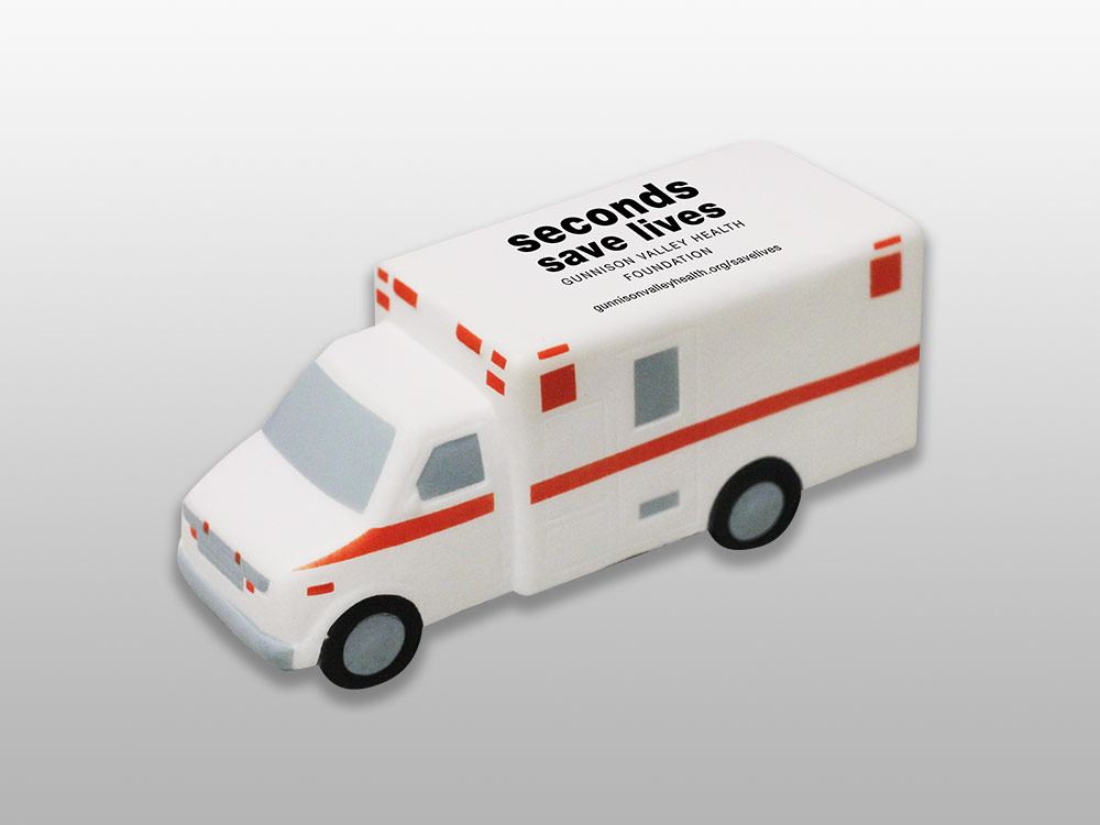 Gunnison Valley Health stress ball shaped as an ambulance