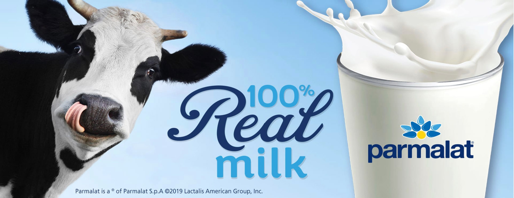 Parmalat milk advertisement featuring happy smiling cow and milk dropping into glass