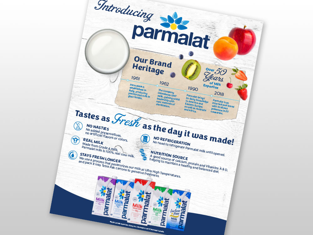 Paper flyer showing design publication of Parmalat milk facts
