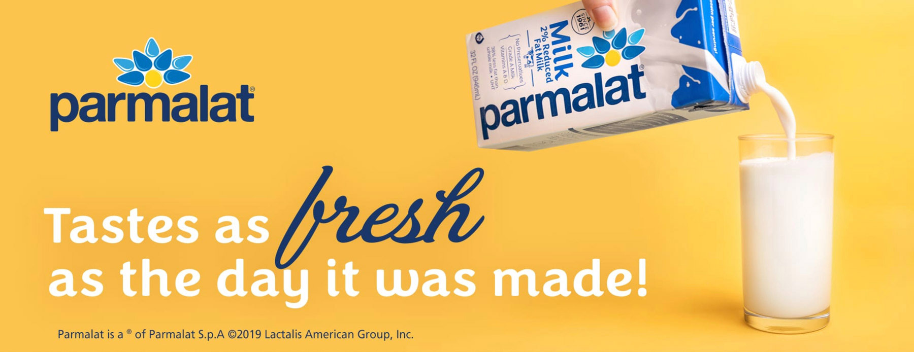 Parmalat milk advertisement featuring pouring of milk from carton to glass